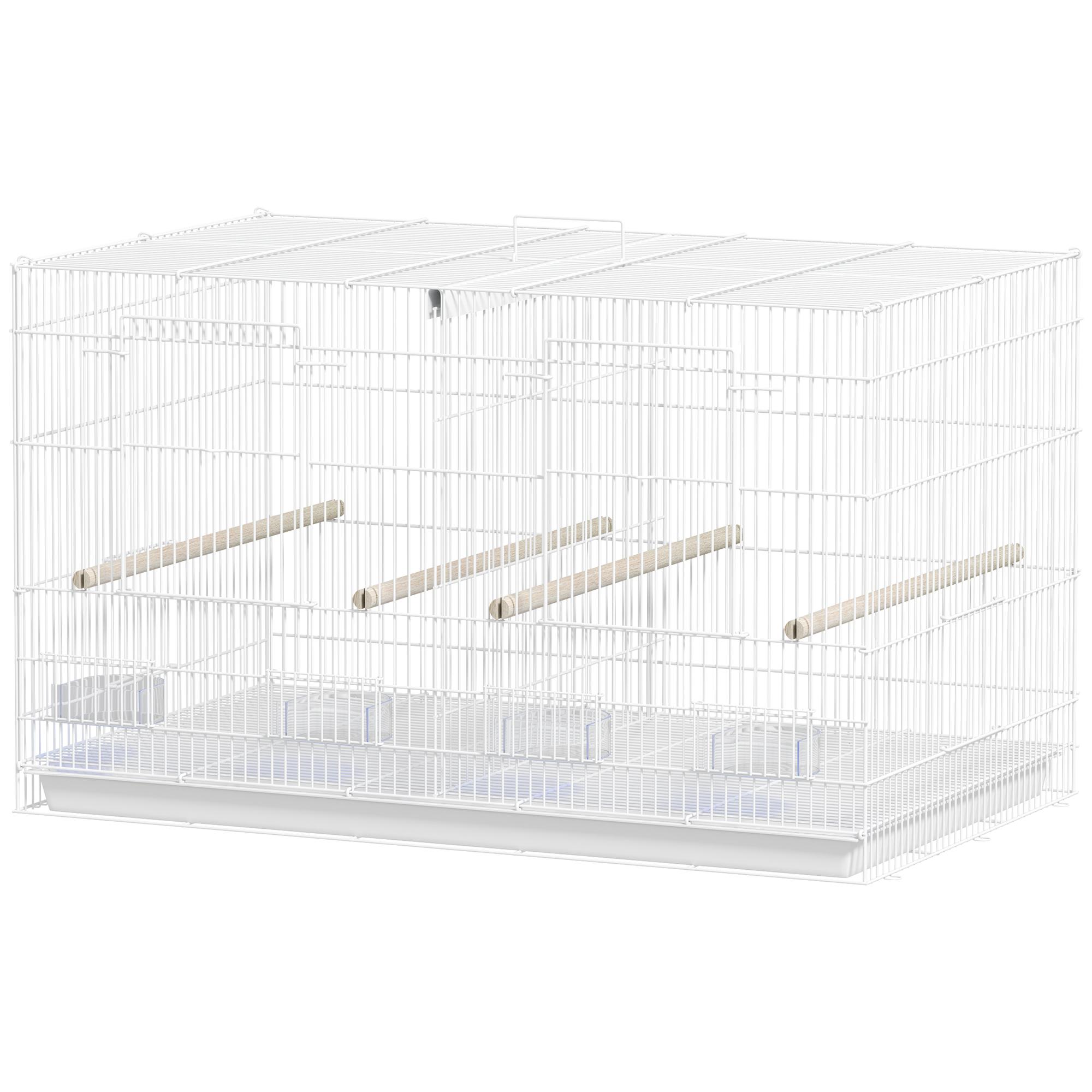 Cage à oiseaux avec séparateur 4 perchoirs en bois Plateau coulissant 4 mangeoires Pour perruche inséparable canari 76 X 46 X 46cm Blanc
