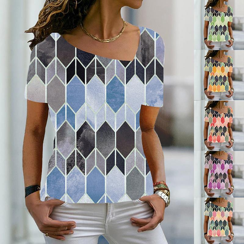 Buy 2022 Summer Women's Geometric Painting T Shirt Geometric Print V ...