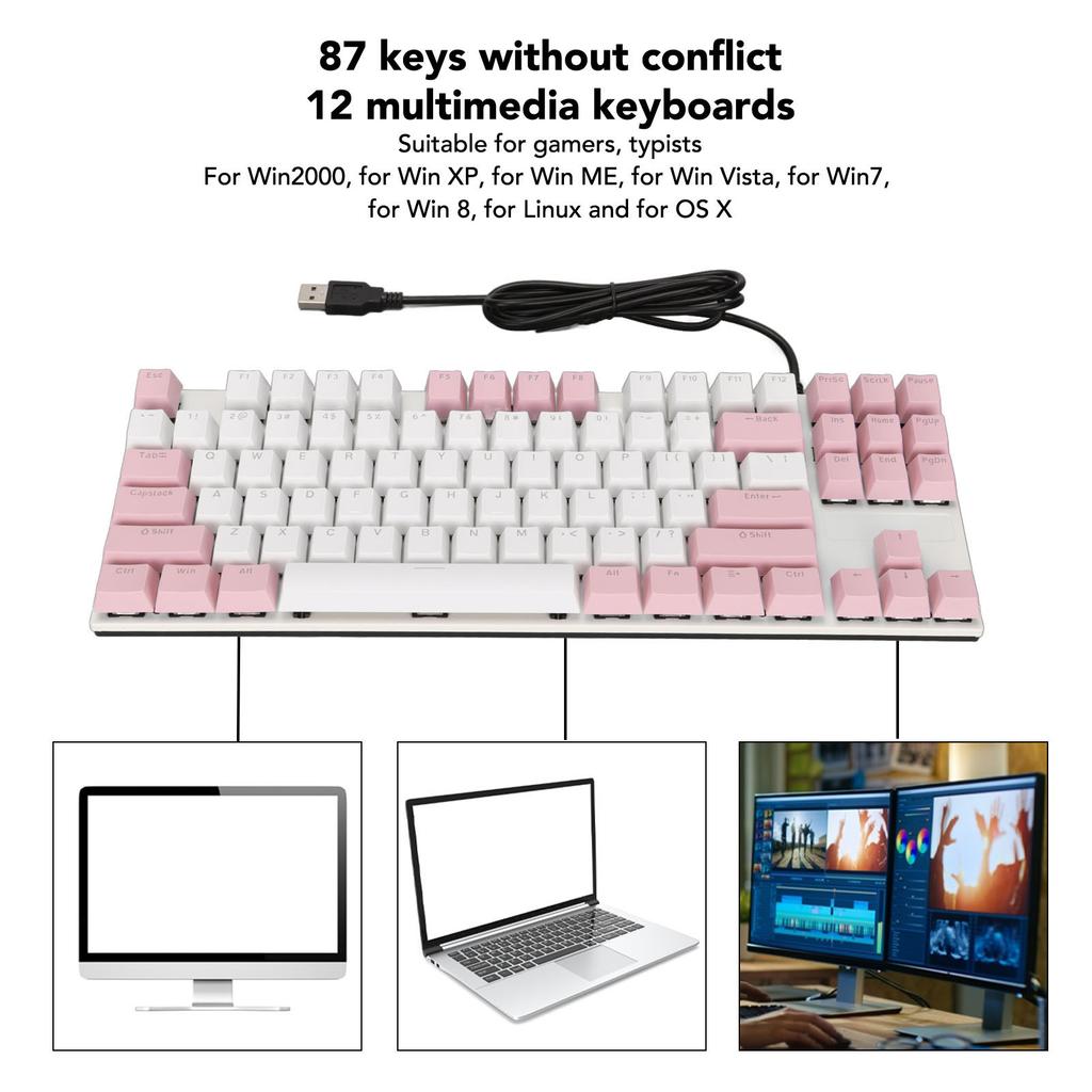 Mechanical Keyboard 87 Keys Blue Ergonomic Multicolor Backlight Design Gaming Keyboard for Typists