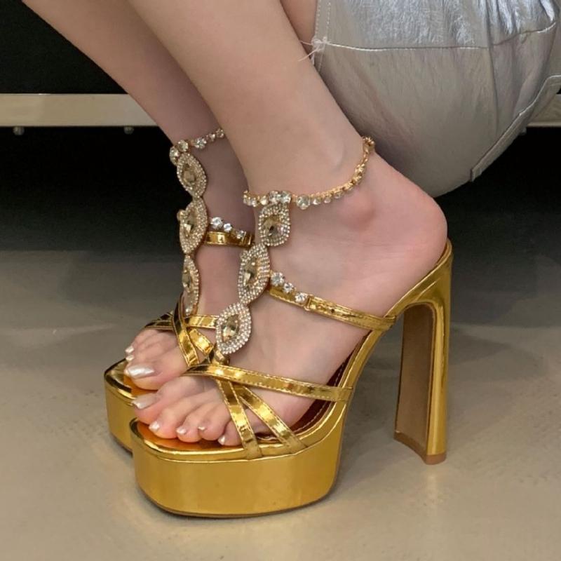 Fashion Luxury Bling Rhinestone Brand Sandals Women Fashion Square Toe Metal Chain Designer Shoes Super High Heel Sexy Party Dress Shoes