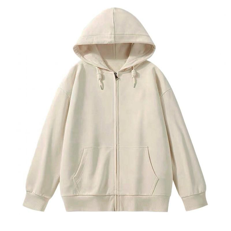 Womens Oversized Long Sleeve Hooded Zip-Up Top Loose Fit Mid-Length Casual T-Shirt In Milk Silk Fabric
