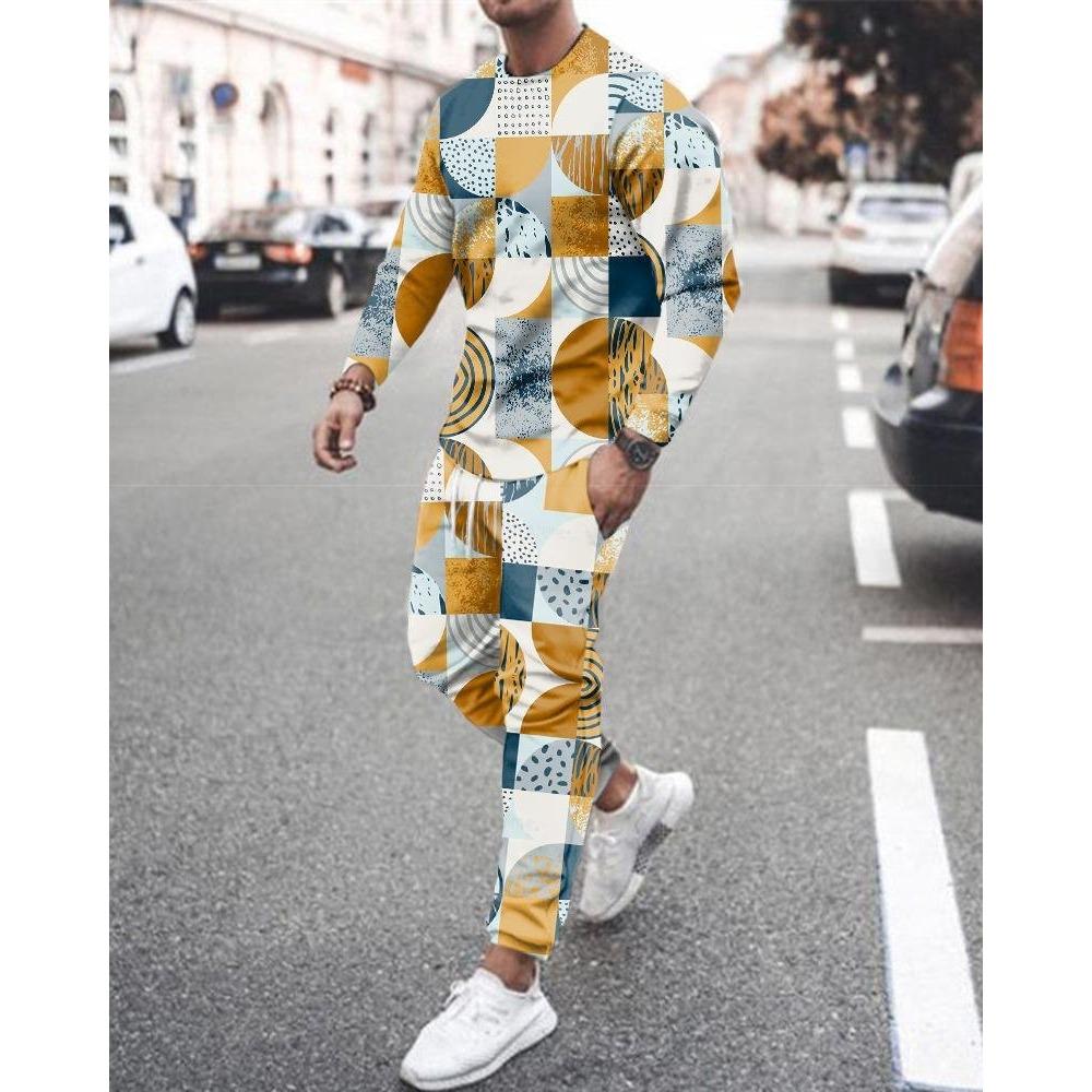 New Men's Long Sleeve T-Shirts Sets Abstract Pattern 3D Print Sports T-Shirt Pants Suit Fashion Tracksuit 2-Piece Jogger Outfits