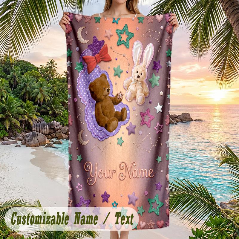 Teddy Bear Valentines Day Theme Quick Dry Beach Towel Custom Name Text Print Large Sand Resistant Towel Beach Vacation