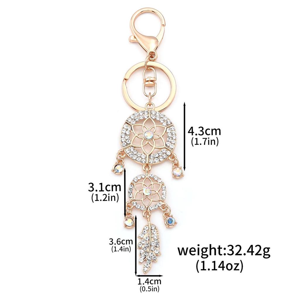 Rhinestone Dreamcatcher Keyring with Hollow Feather Pendant - Elegant Metal Gift