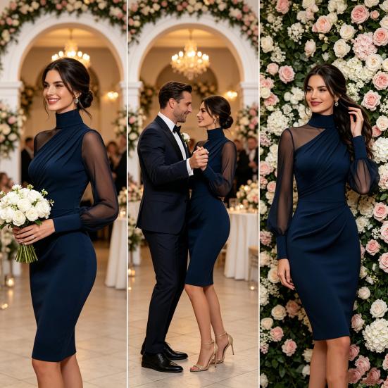 Women's Mesh Sheer Long Sleeve Mini Dress, Ruched Bodycon Mock Neck Party Cocktail Dress, Formal Wedding Guest Evening Gown