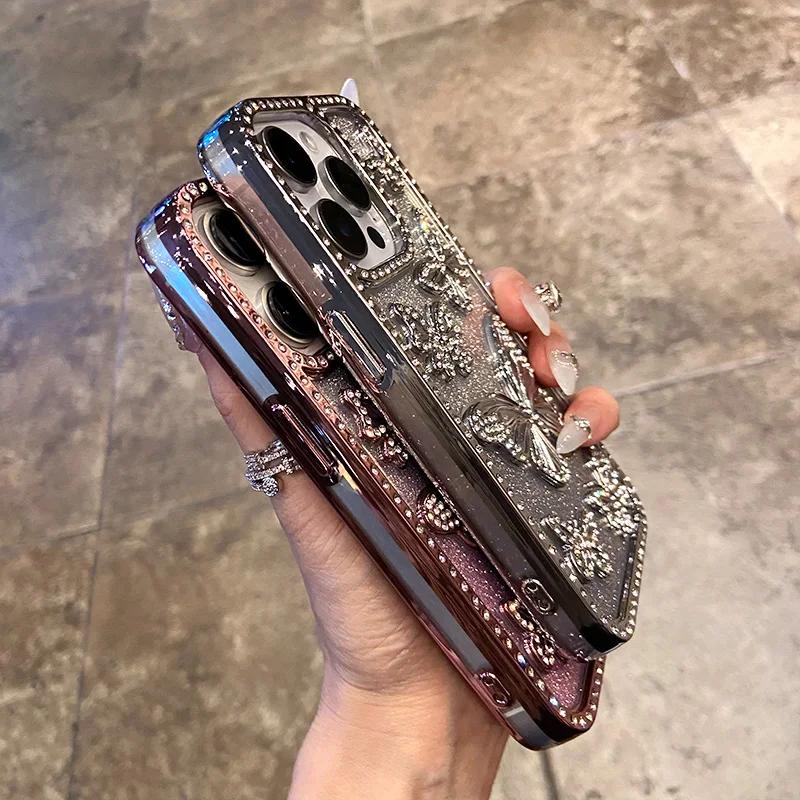 3D Fashion Electroplate Butterfly Glitter Diamond Phone Case for IPhone 17 16 Pro Max 15 14 13 12 11 Transparent Back Cover