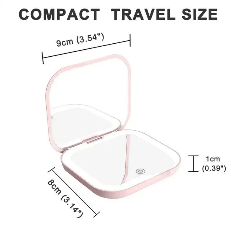 2X Magnifying Compact Cosmetic Vanity Mirror with Lights Travel Mini Gift Folding Led Portable Hand Held Pocket Makeup Mirror