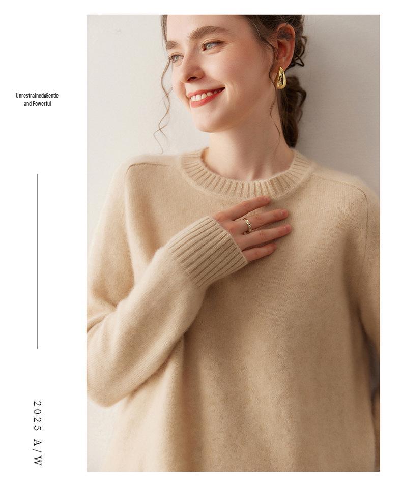 Women's Cashmere Sweater - Round Neck, Solid Color, Comfortable Loose Fit, Saddle Shoulder Knit Base Layer for Autumn & Winter.