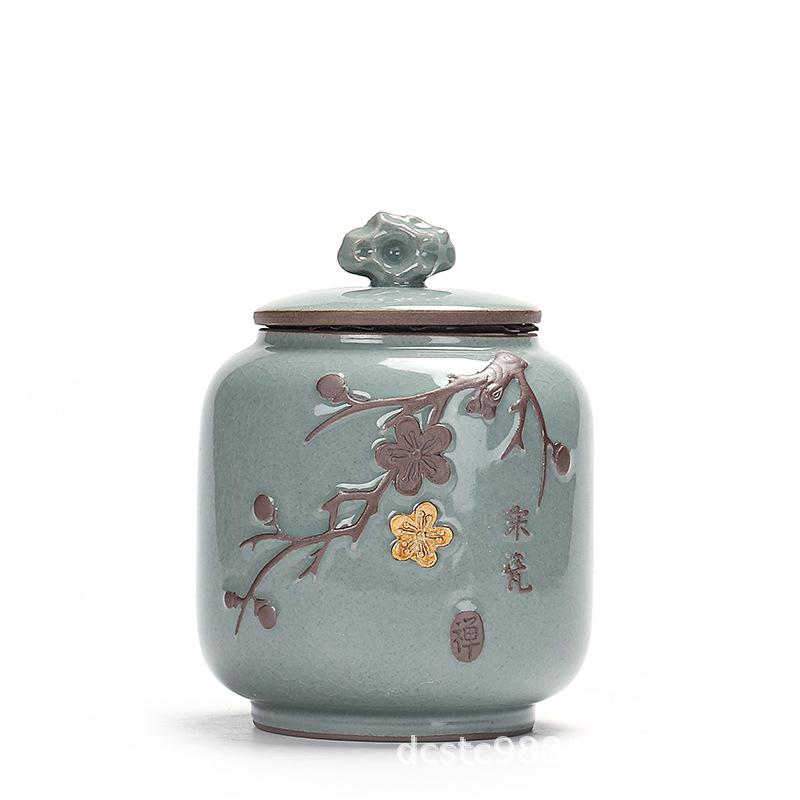 Ceramics Ge kiln Song porcelain tea jar, large sealed storage jar, vintage relief tea packaging jar, gift ice crack glaze