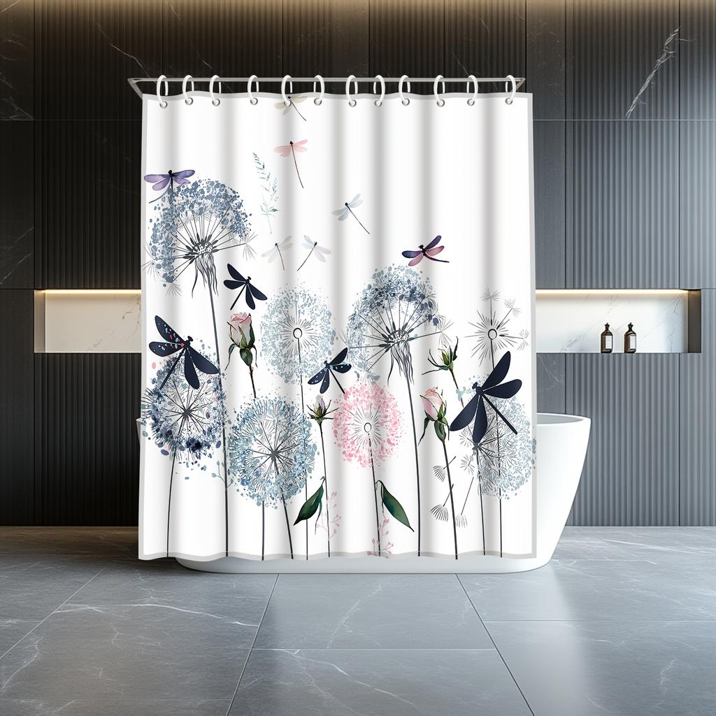 1Pc Watercolor Dandelion Dragonfly Print Shower Curtain With Hooks - Blue Pink Floral Art, Machine Washable For Bathroom