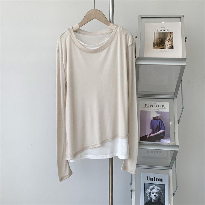Women s Ultra-Thin Tencel Ribbed Two-Piece Look Yoga Dancewear Long Sleeve Top Apricot
