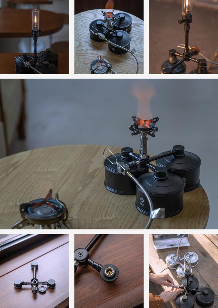 CAMPING MOON Gas Unit, Gas Station, 3-Can OD Can Type, Vertical 2-Branch Gas Adapter, Black Gear, BKZ32