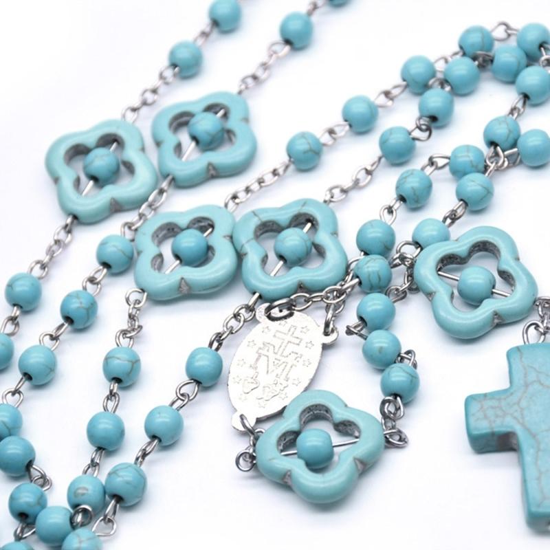 Blå turkosa pärlor Rosenkranshalsband katolska korshängande halsband för kvinnor Smycken Meditation Kristen Religiös