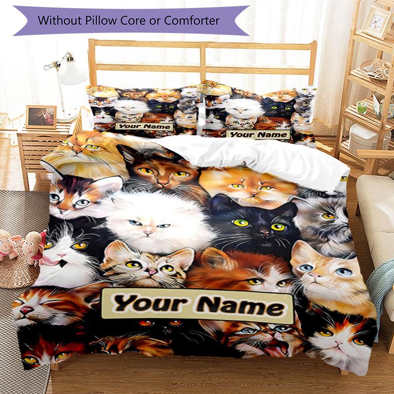 3PC Custom Name Feline Faces Collage Bedding Set Duvet Cover Closure Includes 1 Duvet Cover & 2 Pillowcases for Bedroom