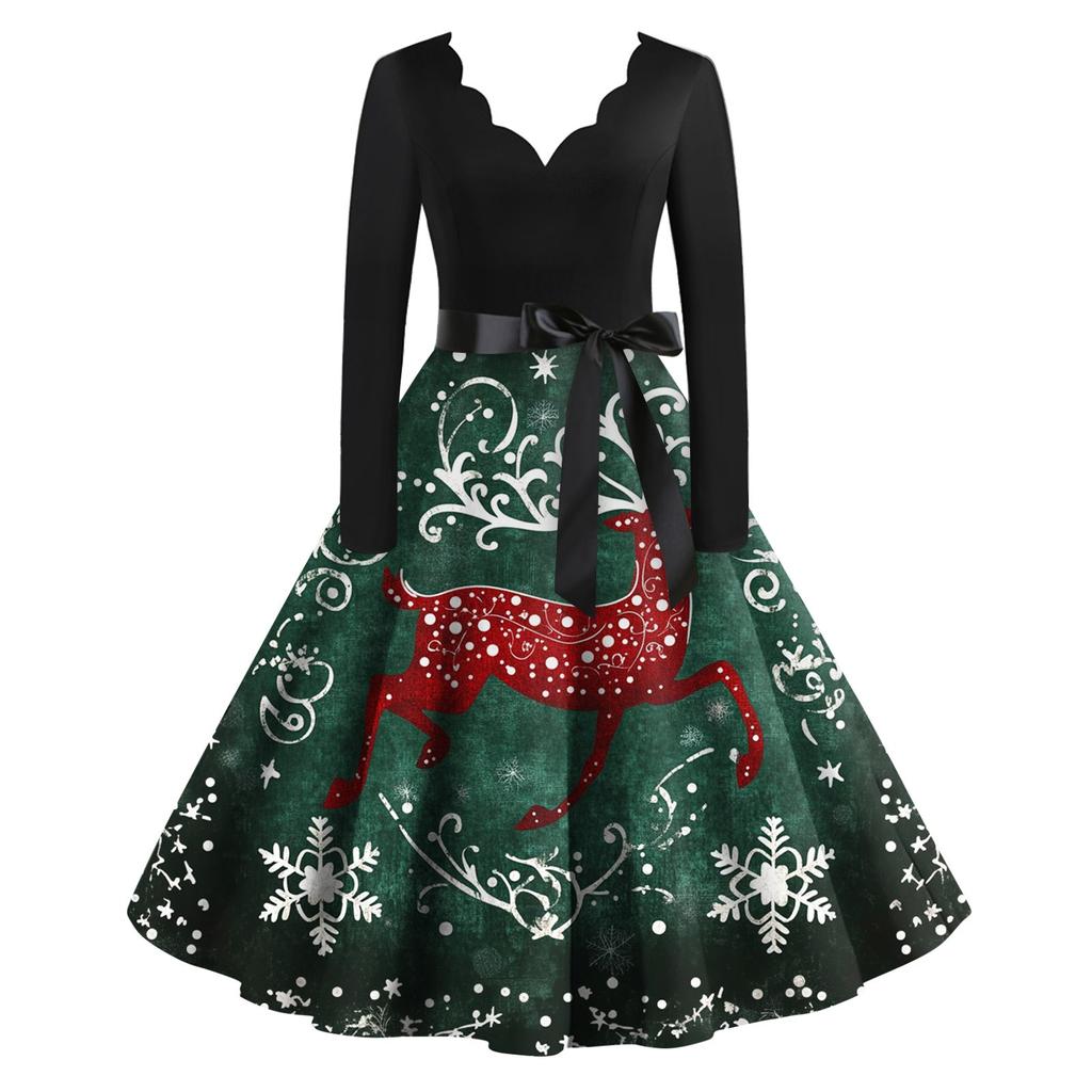 Women's Casual Fashion Christmas Printed V-Neck Vintage Dress