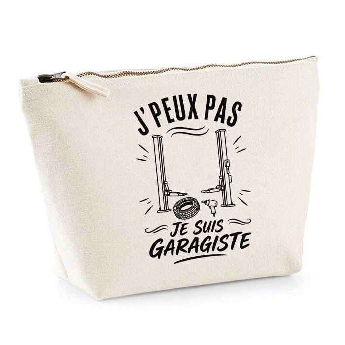 Trousse de toilette - PLANETEE - J’peux pas je suis Garagiste - Beige 100% coton - 3 L (28×19×9 cm) - Zip métal