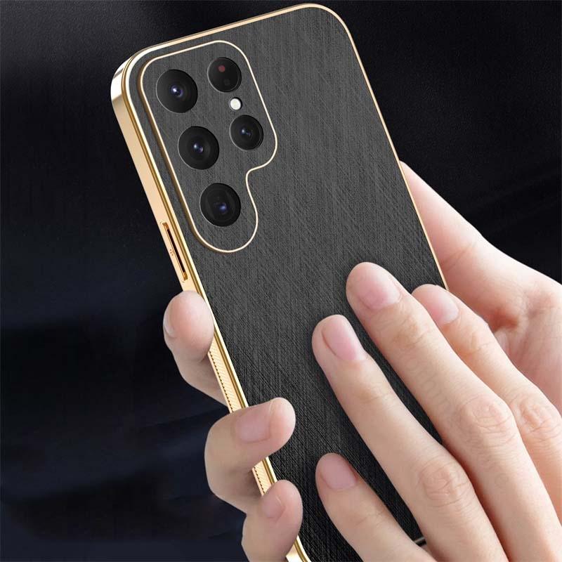 For Samsung S25 Ultra 5G Gold Silk Texture Leather Phone Case For Galaxy S24 FE S23 Ultra S22 Plus 6D Plating Bumper Back Cover
