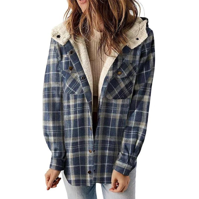 Dames Winter Casual Plaid Capuchon Tweed Jas Verdikte Gewatteerde Warme Jas Lamswollen Voering