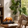 Wood Grain Rhino Statue Ebony Base Figure Realistic Rhinoceros Sculpture for Desktop, Shelf