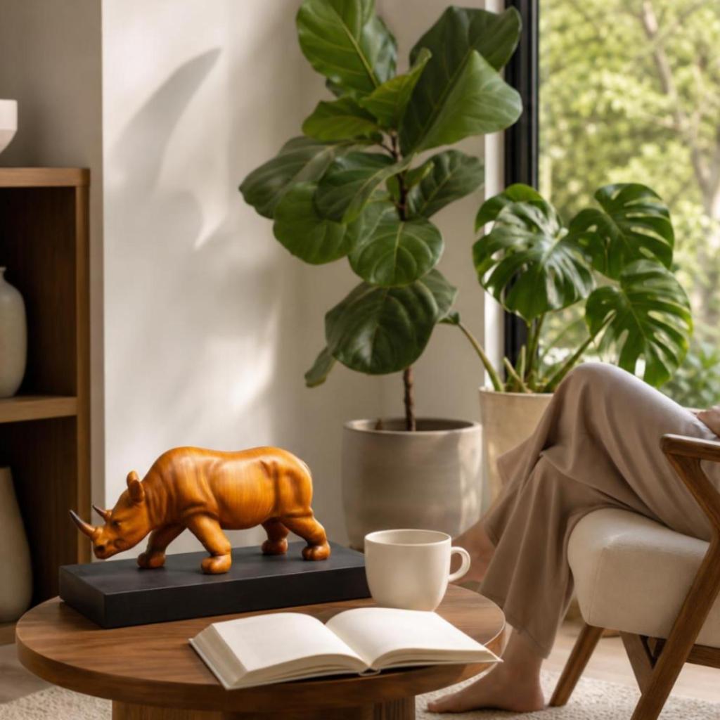 Wood Grain Rhino Statue Ebony Base Figure Realistic Rhinoceros Sculpture for Desktop, Shelf