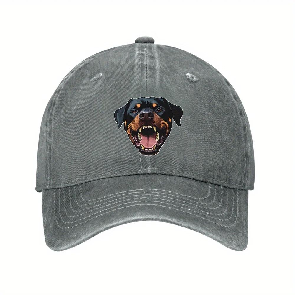 1pc Rottweiler Dog Head Baseball Cap - Fierce Open-Mouth Graphic, 100% Denim, Adjustable Vintage Washed