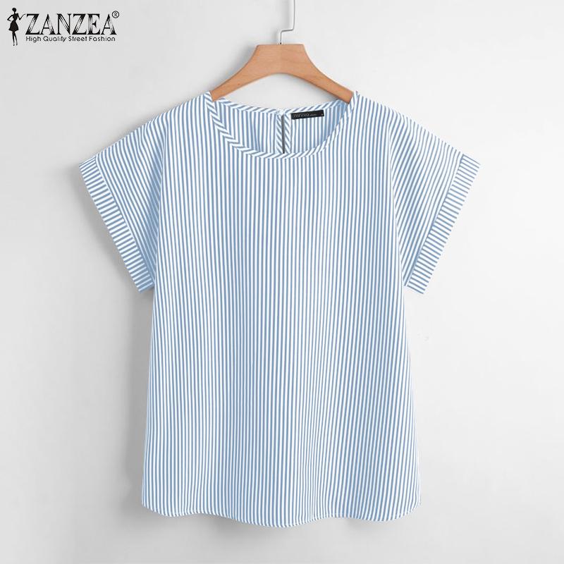 ZANZEA Женская повседневная свободная блузка в полоску с круглым вырезом и короткими — фото 4