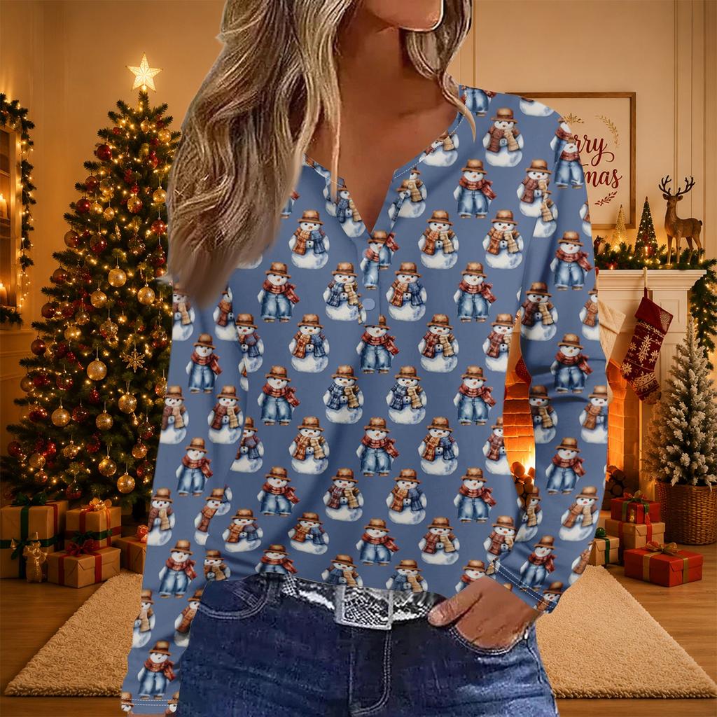 Women's Casual Christmas Print Neck Top with 3/4 Sleeve