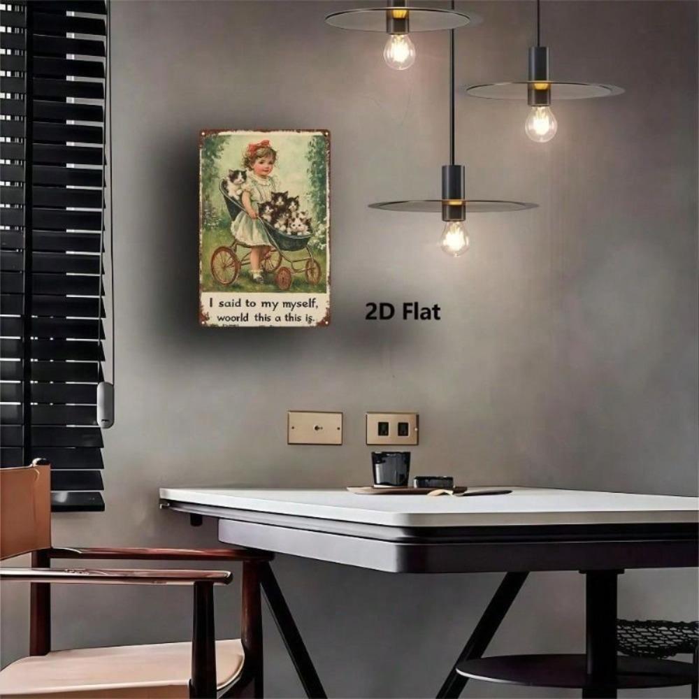 Metal Wall Art Girl with Kitten Stroller Decor for Nursery Living Room 20x30cm