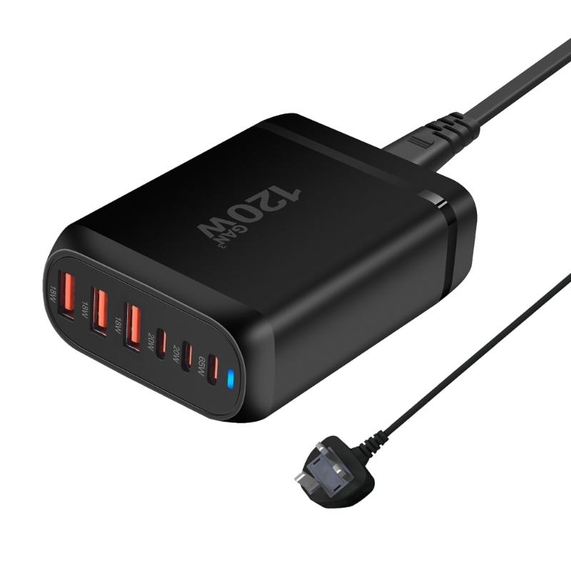 Multiple Port 3xUSB+3xType C Charging Station with 120W Output for Public Space and Travel Use