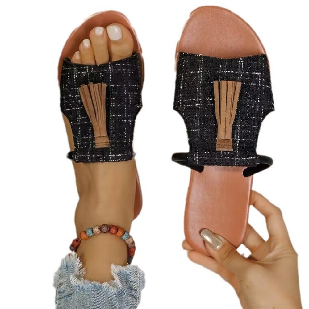 Fashion Women's Casual Beach Holiday Slippers 2025 Summer New Fashion Fringe Outdoor Flat Shoes Open Toe Sandals Zapatos De Mujer Slides
