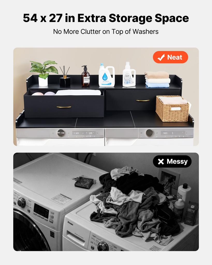 VEVOR Washer Dryer Countertop with Shelf, 137 X 69.9 Cm Wooden Washer and Dryer Topper with 2 Drawers & Hooks