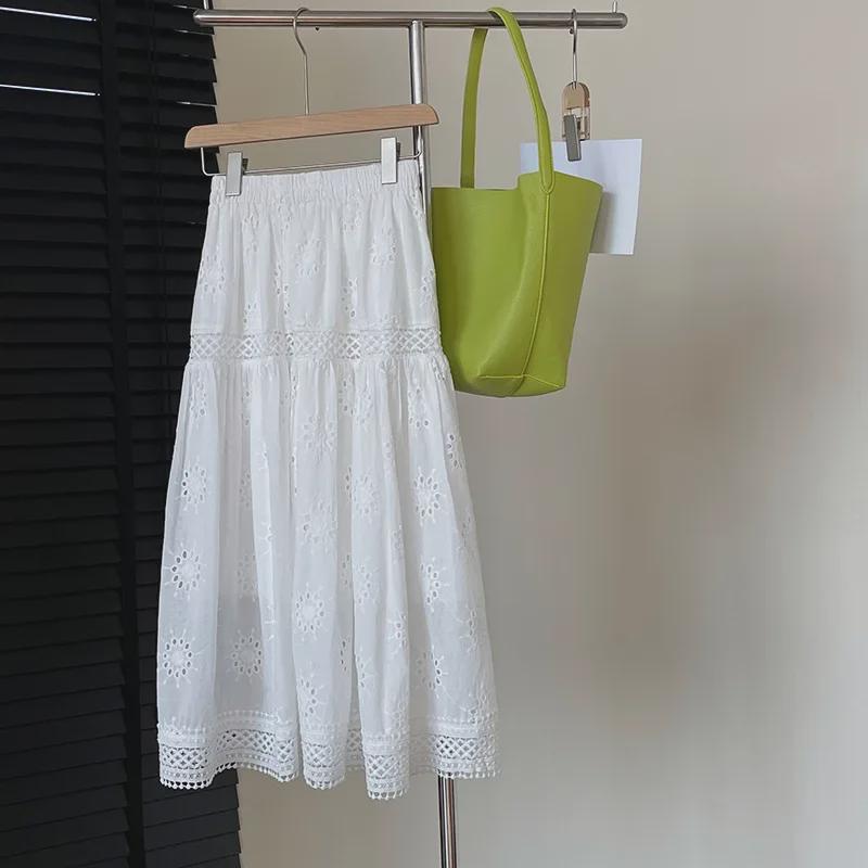 "Little Fresh" Solid Color Lace Hollow Cotton Umbrella Skirt - Women’s White Skirt