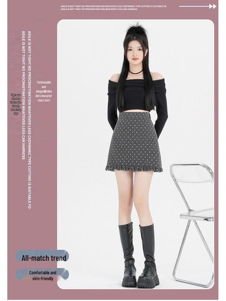 Women's Slim Fit Wool Polka Dot Ruffle Mini Skirt - High Waist, Casual Autumn/Winter A-line