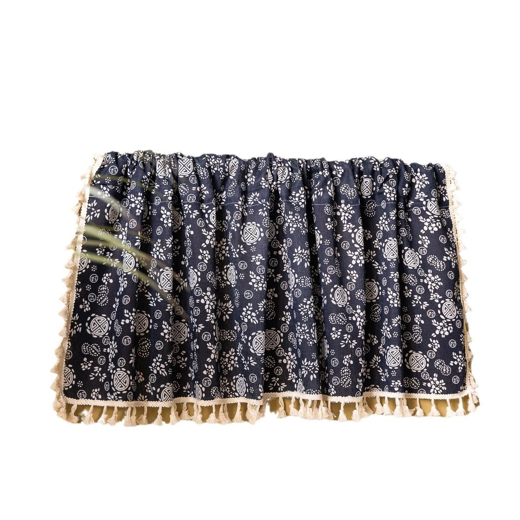 Japanese Dark Blue Retro Homestay Decorative Door Curtain Cotton And Linen Fabric Short Curtain Small Curtain Fringed Bookcase Blocking Partition