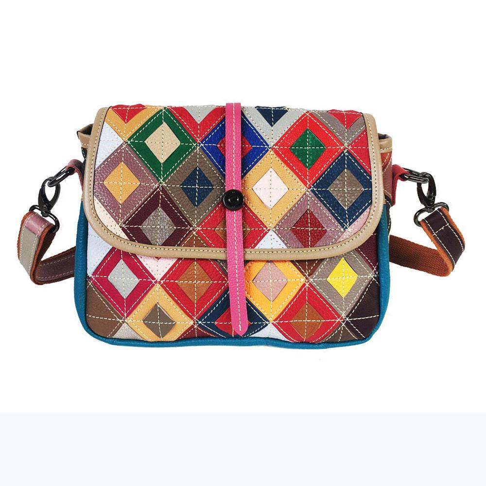 Fashion Women'S Bags Cowhide Women'S Bags Color Rhombus Splicing Leather Shoulder Messenger Bags Casual Versatile
