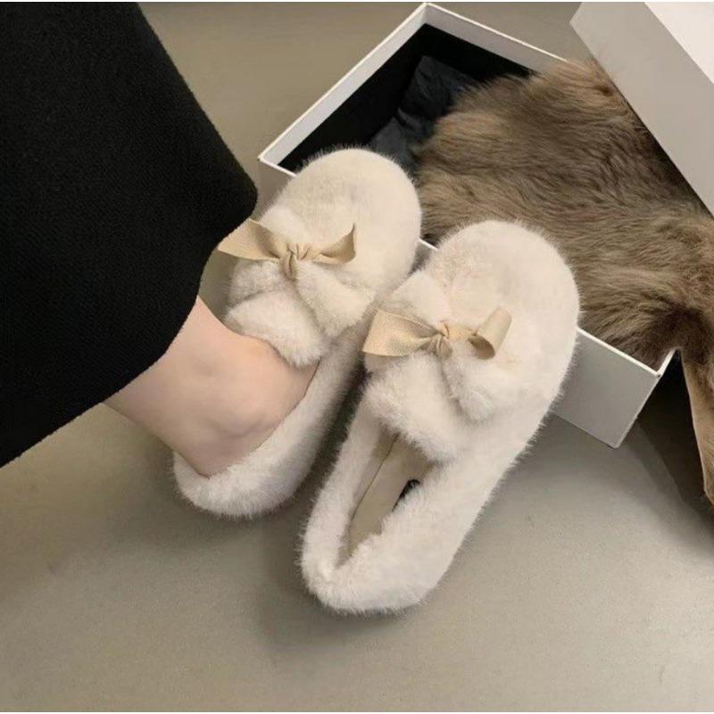 Fashion Fashion Bowknot Women Plush Flats Furry Mocasines Loafers Mujer Warm Cotton Shoes Ladies Slip On Sheep Fur Lined Shoes Zapatos