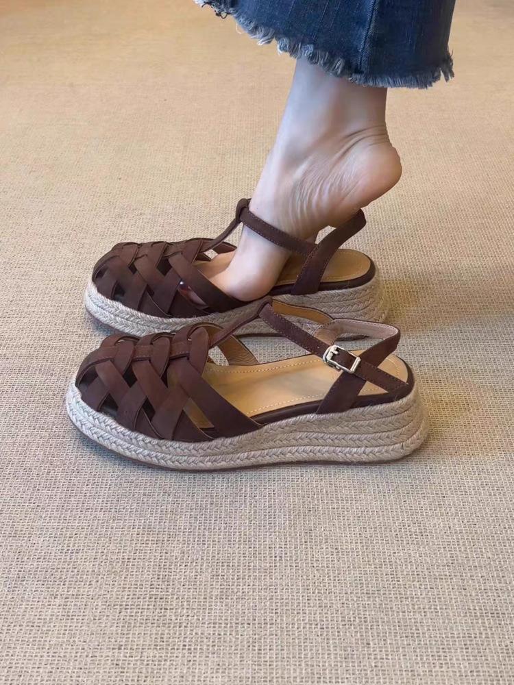 

Soft leather version~ 2025 new summer versatile retro hollow one-word buckle straw thick sole heightening Roman sandals women 40