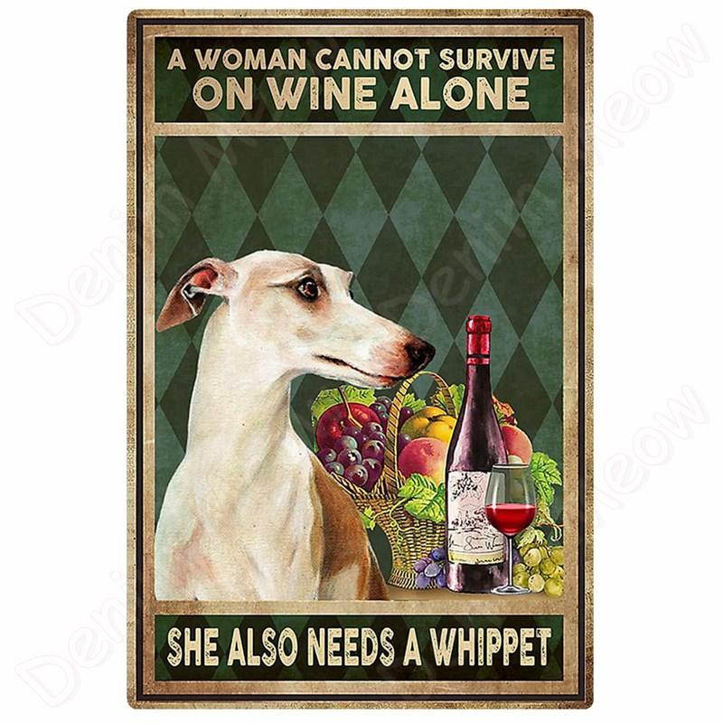 Vintage Bulldog Tin Sign for Home Wall Decor, A Woman Cannot Survive On Wine Alone, Funny Cat, Dog Metal Sign, Bar Decor