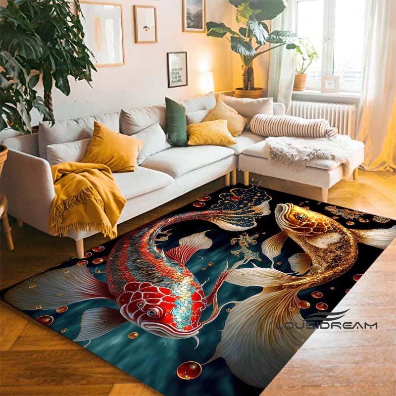 Tappeto Cartoon Lussuoso Pesce Koi Fortunato Yin Yang Carpa per Camera da Letto Soggiorno Divano Tappetino d'Ingresso Casa, Tappetino Pavimento Grande Antiscivolo per Bambini