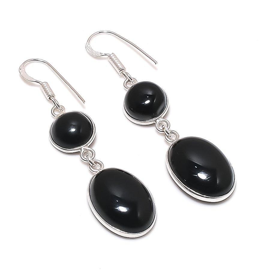 Natural Black Onyx Gemstone 925 Sterling Silver Jewelry Earring 2.17 AE-12196