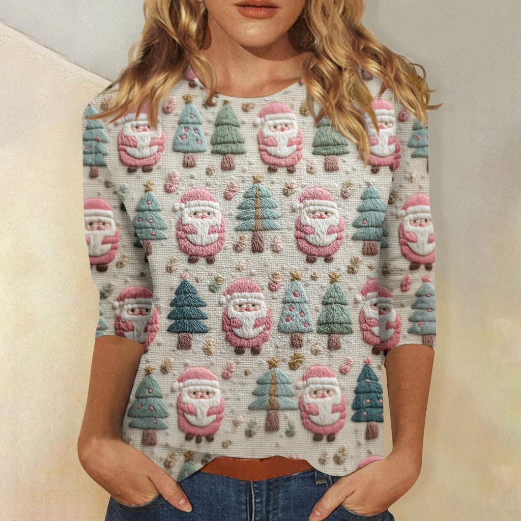 Women's Tops Three-quarter Sleeve Shirt V-neck Loose Casual Shirt Print T-shirt