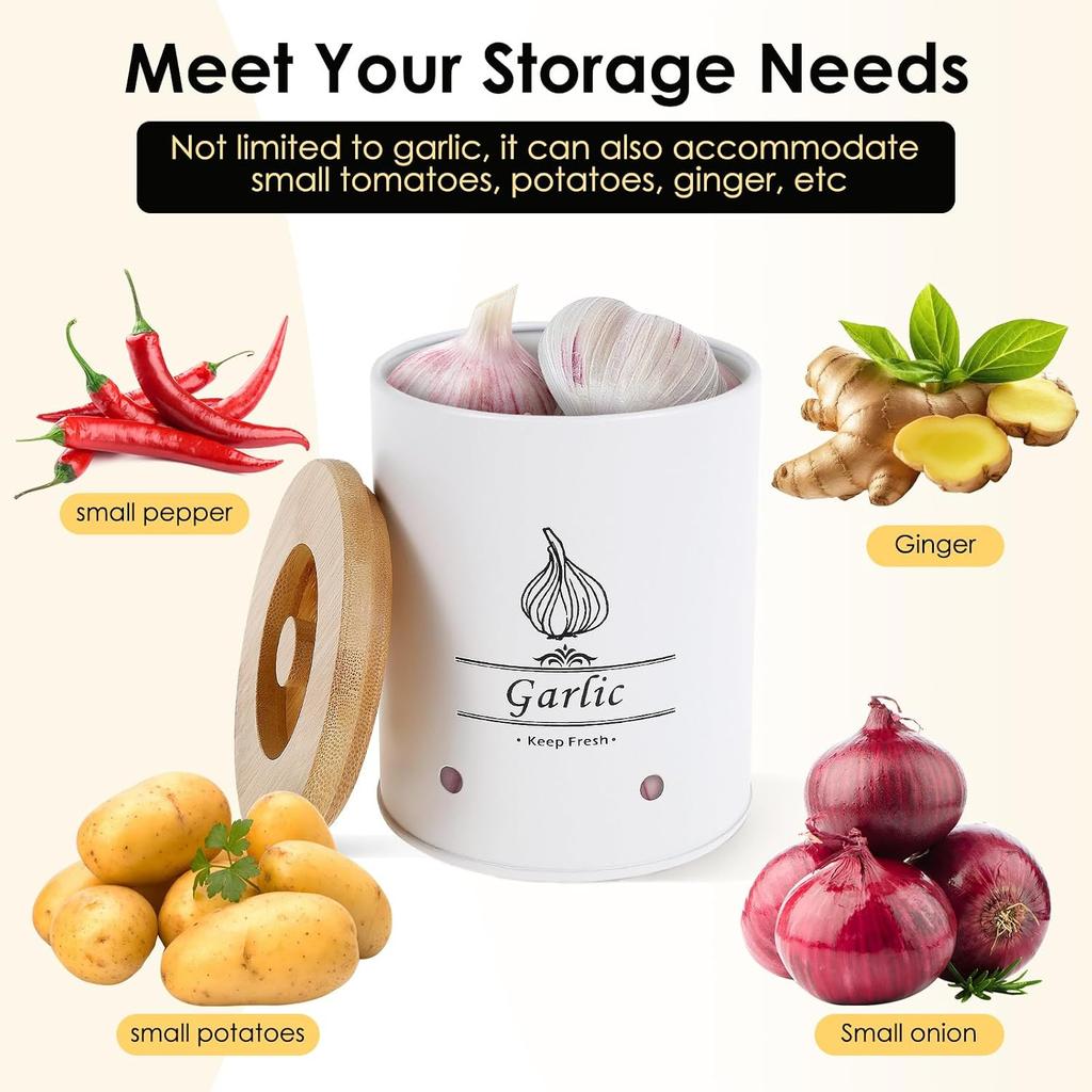 Garlic Keeper Fresh Keeping Garlic Storage Box with Wood Lid Ginger Canister Container 11x11x13.2cm Large Capacity Kitchen Saver for Countertop