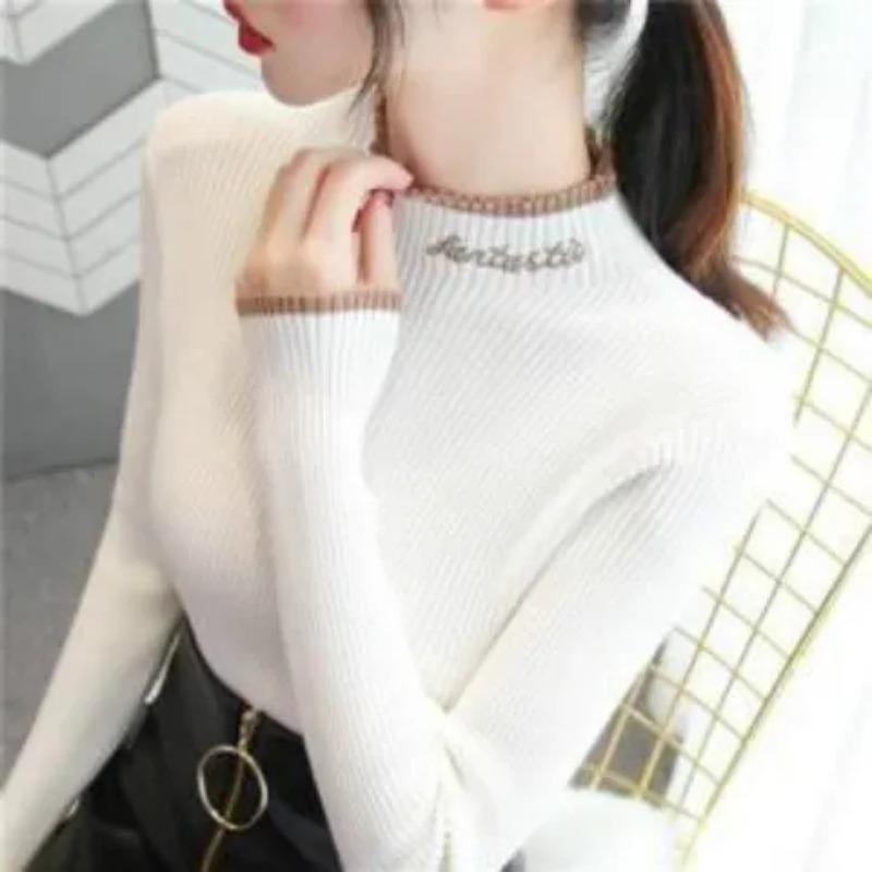 

Корейский свитер с подкладкой до половины и высокой горловиной, повседневная нижняя рубашка, женская осенне-зимняя рубашка внутри вязаного свитера XXL белый