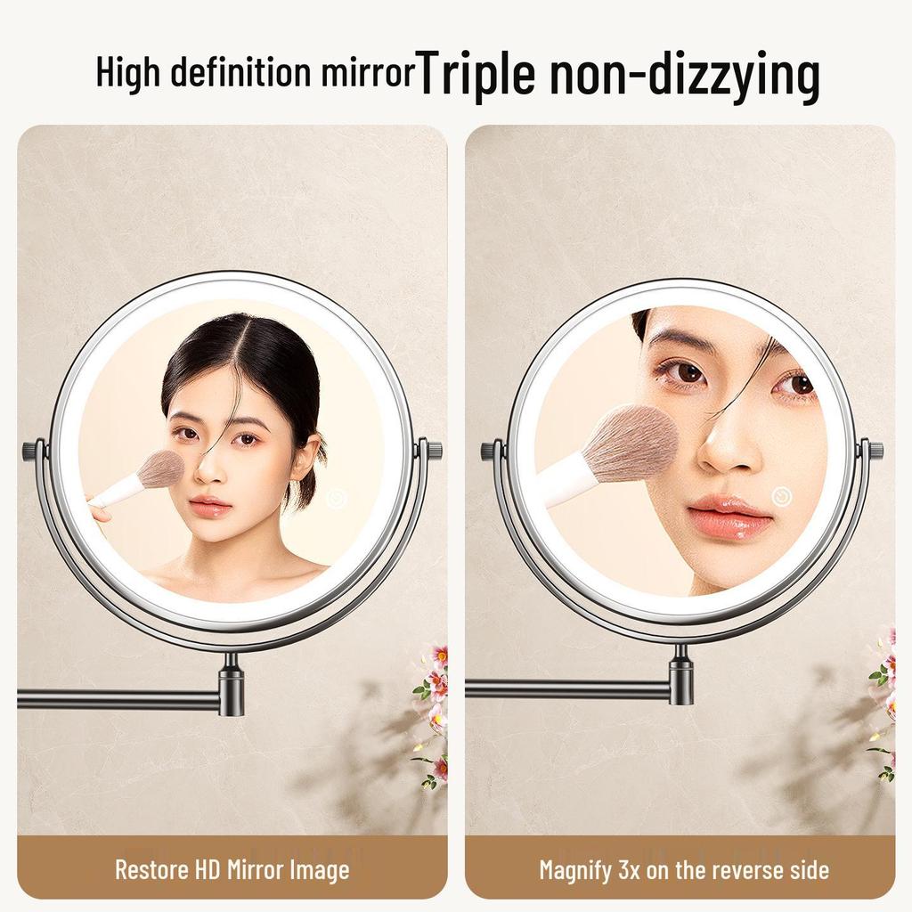 Wall-Mounted Foldable Vanity Mirror with Lights (Double-Sided, Punch-Free Installation) for Bathroom.