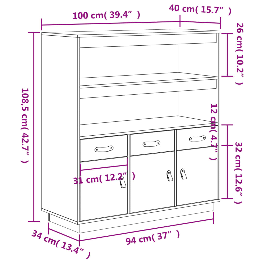 Highboard Honey Brown 100 x 40 x 108.5 cm Solid Pine Wood