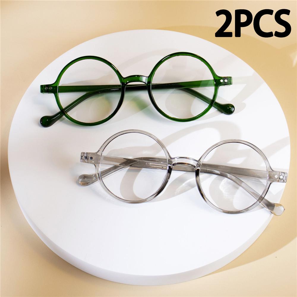 2PCS Round Non-Prescription Anti-Blue Light Reading Glasses - Cute Full Rim PC Frame with Clear Polycarbonate Lenses