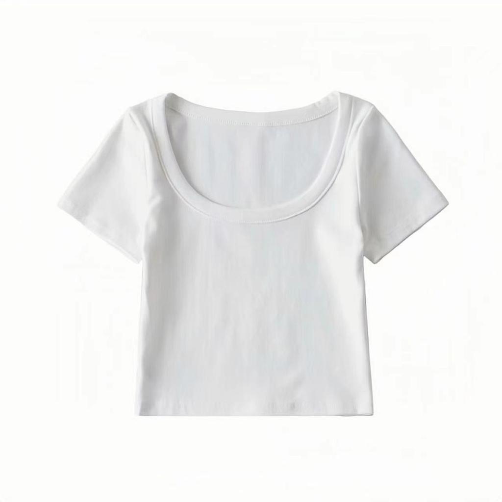 Women's Slim Fit Cotton U-Neck Crop Top - Spring/Summer Short Sleeve Tee