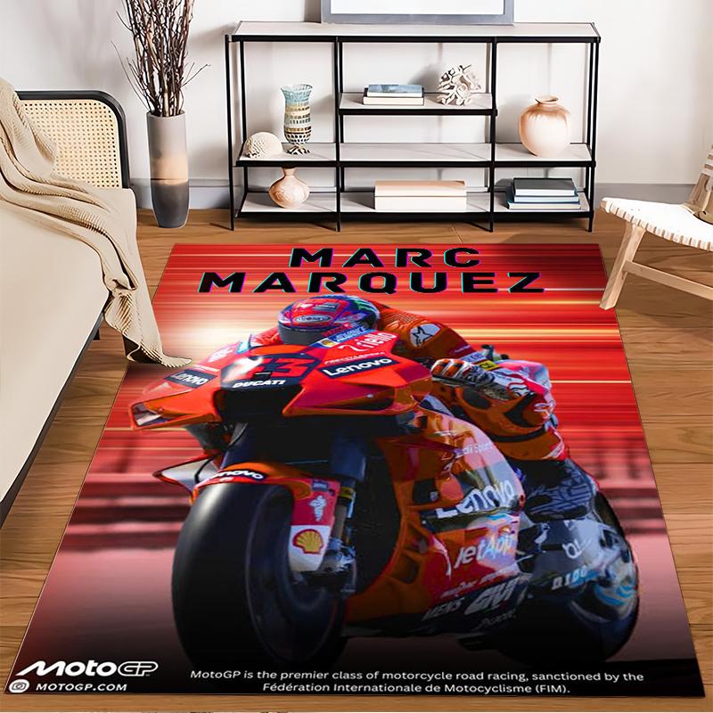 Red MotoGP Racer On Dynamic Background Non-slip Rug Suitable for Living Room and Bedroom Sofas.
