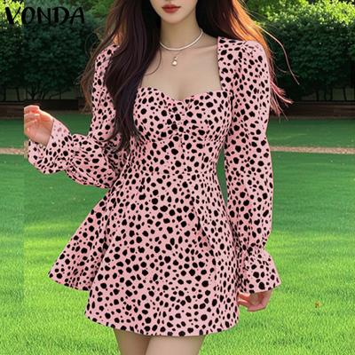 Women Summer Square Neck Bubble Long Sleeve Polka Dot Print Dresses