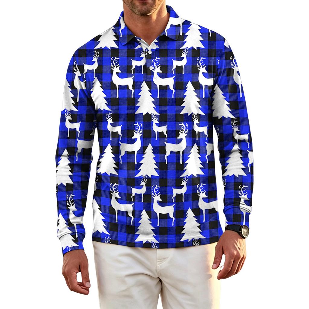Men's Golf Shirt Long Sleeve Casual Christmas Print Quick-Dry Mesh Top